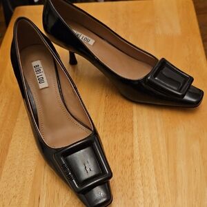 BIbi Lou Black Patent Leather Square-Toe Kitten Heel Pumps